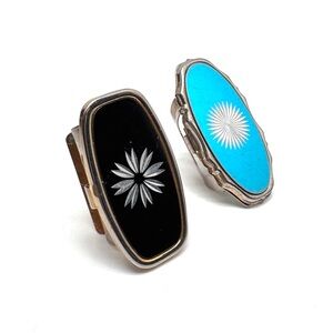 Vintage Black Enamel and Metallic Blue Lipstick Holders Compact Mirrors